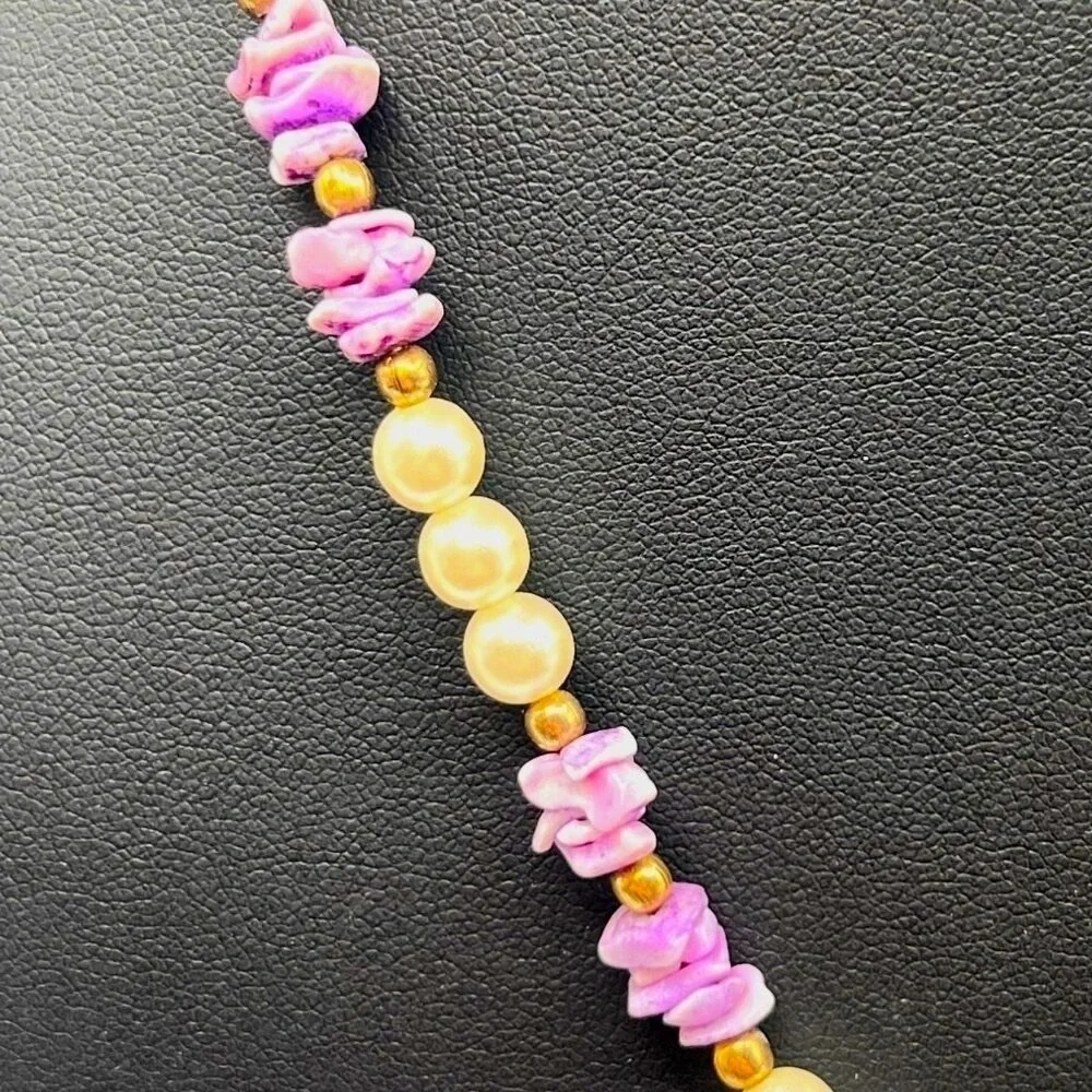 Handcrafted Faux Pearl & Shell Necklace With Lavender Accents. A23 - Picture 5 of 9